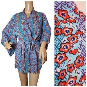 Josie By Natori Kimono Wrap Short Robe. Size M. Red/Blue/Purple.  Rayon.